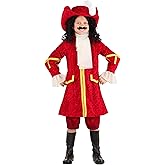 Kids Captain Hook Costume, Neverland Pirate Captain Outfit For Children With Jacket, Pants, Velour Hat, And Chiffon Cravat