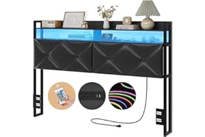 OtterOasis Headboard Queen Size with 2-Tier Open Storage and LED Light, Upholstered Headboard with Charging Station, Height Adjustable Sturdy Queen Bed Head Only for Dorm Bedroom, Easy Assembly, Black