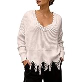 Women's Off Shoulder Sweater V Neck Pullover Distressed Hem Solid Knit Sweater Long Sleeve Crop Tops