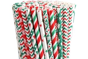 FINGOOO 250 Pieces Christmas Paper Straws, 10 Patterns Disposable Mixed Stripe Holiday Paper Straws for Christmas Party Favors