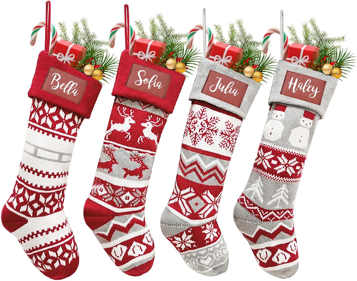 Stockings & Holders - Dreamdecor Personalized Christmas Stockings with Names Monogram, 18” Large Family Knitted Xmas Stocking with Leather Nameplate for Kids, Customized Christmas Stockings for Fireplace Holiday
