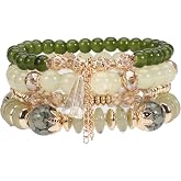 4Pcs Stackable Beaded Bracelet Set Multilayer Natural Stone Crystal Beaded Tassel Charm Stretch Bracelets Boho Gold Plated Beaded Bracelets Hawaii Charm Bracelet Summer Beach Vacation Jewelry for Women Men