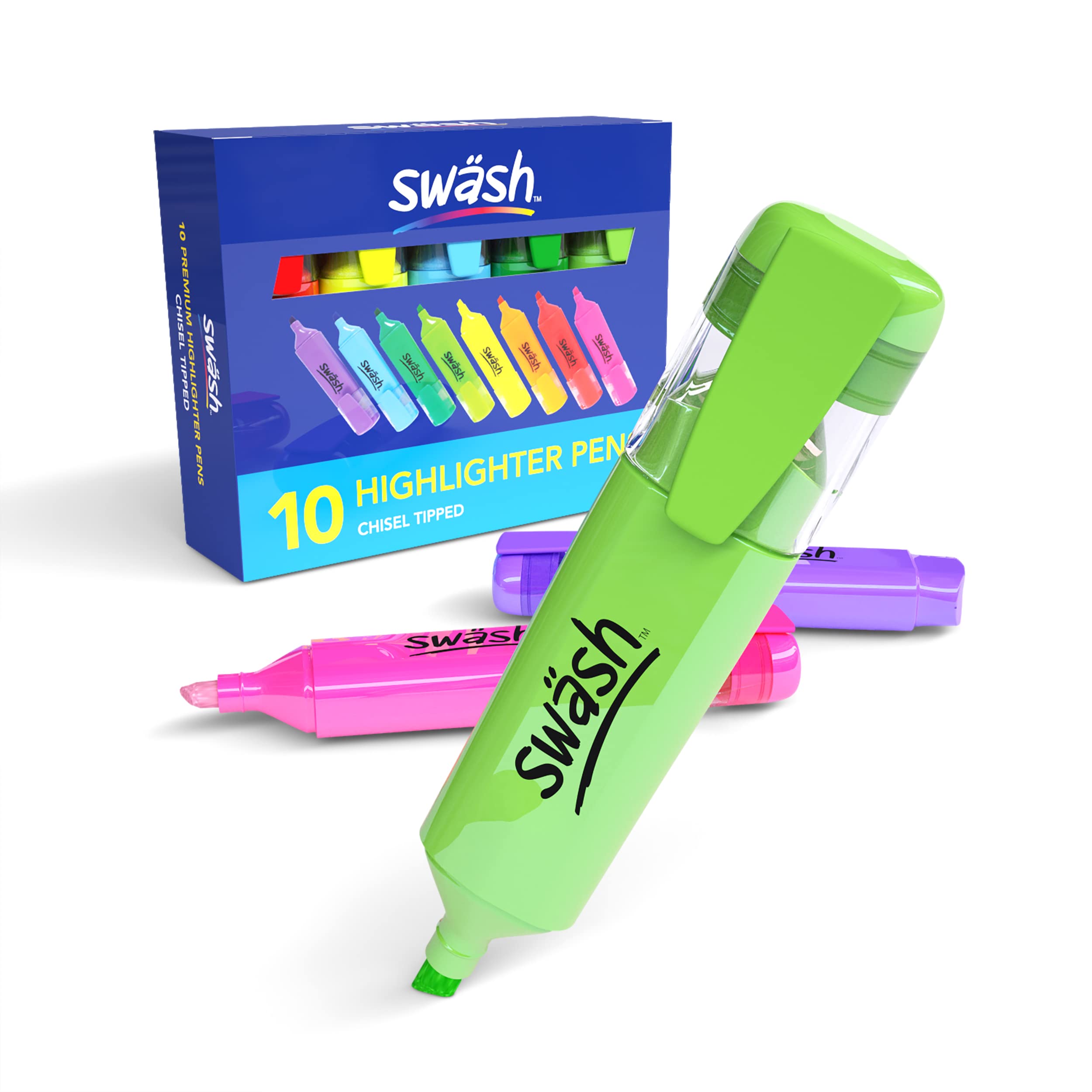 SHOW-ME Swash HLP10A Chisel Tip Coloured Highlighter Pens Multipack (Pack of 10) for Pencil Case and Stationary Supplies Essentials