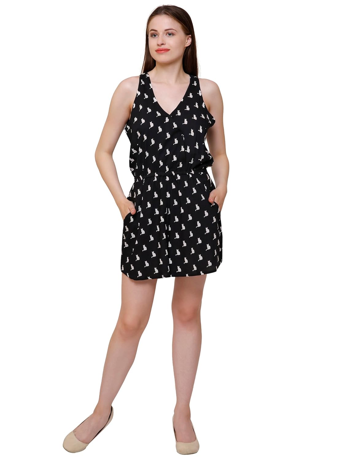 sejora cotton rayon sleeveless short jumpsuit for women - black