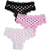 WDIRARA Women's 3 Pack Cute Graphic Panties Set Lace Trim Low Rise Comfy Thong Underwear