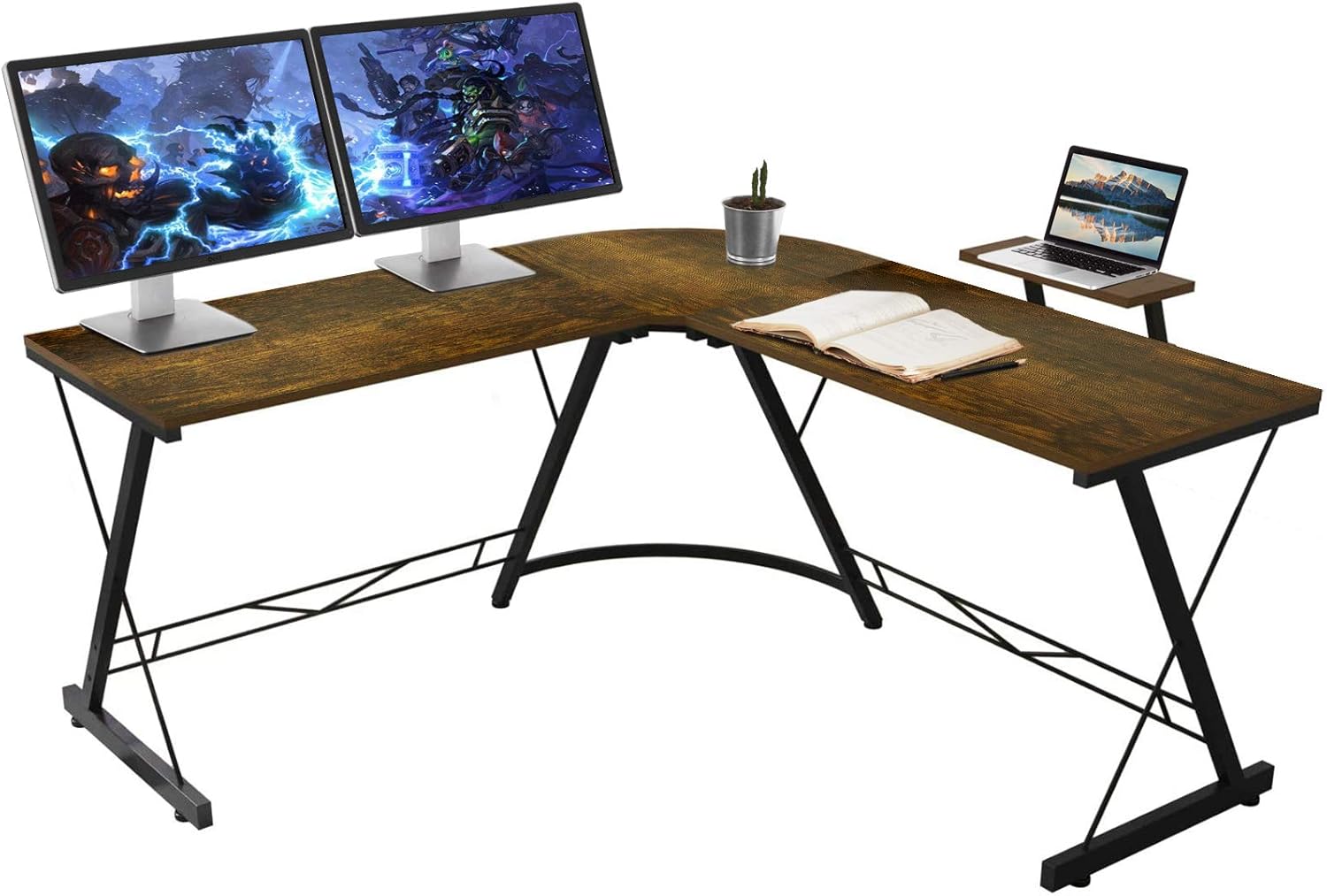 SERWALL L-Shaped Corner Desk 50.8" Computer Gaming Desk PC Table with Monitor Stand, Home Office Writing Workstation with Small Table, Space Saving- Brown: Kitchen & Dining
