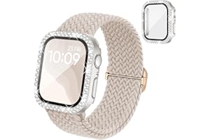 KNOSSEN Braided Stretchy Band Compatible for Apple Watch Bands for Women and Case 40mm 41mm 42mm 44mm 45mm 46mm, Solace Solo Loop Bling Diamond Screen Protector Cover for iWatch Series 11 10 9 8 7 SE 6 5 4