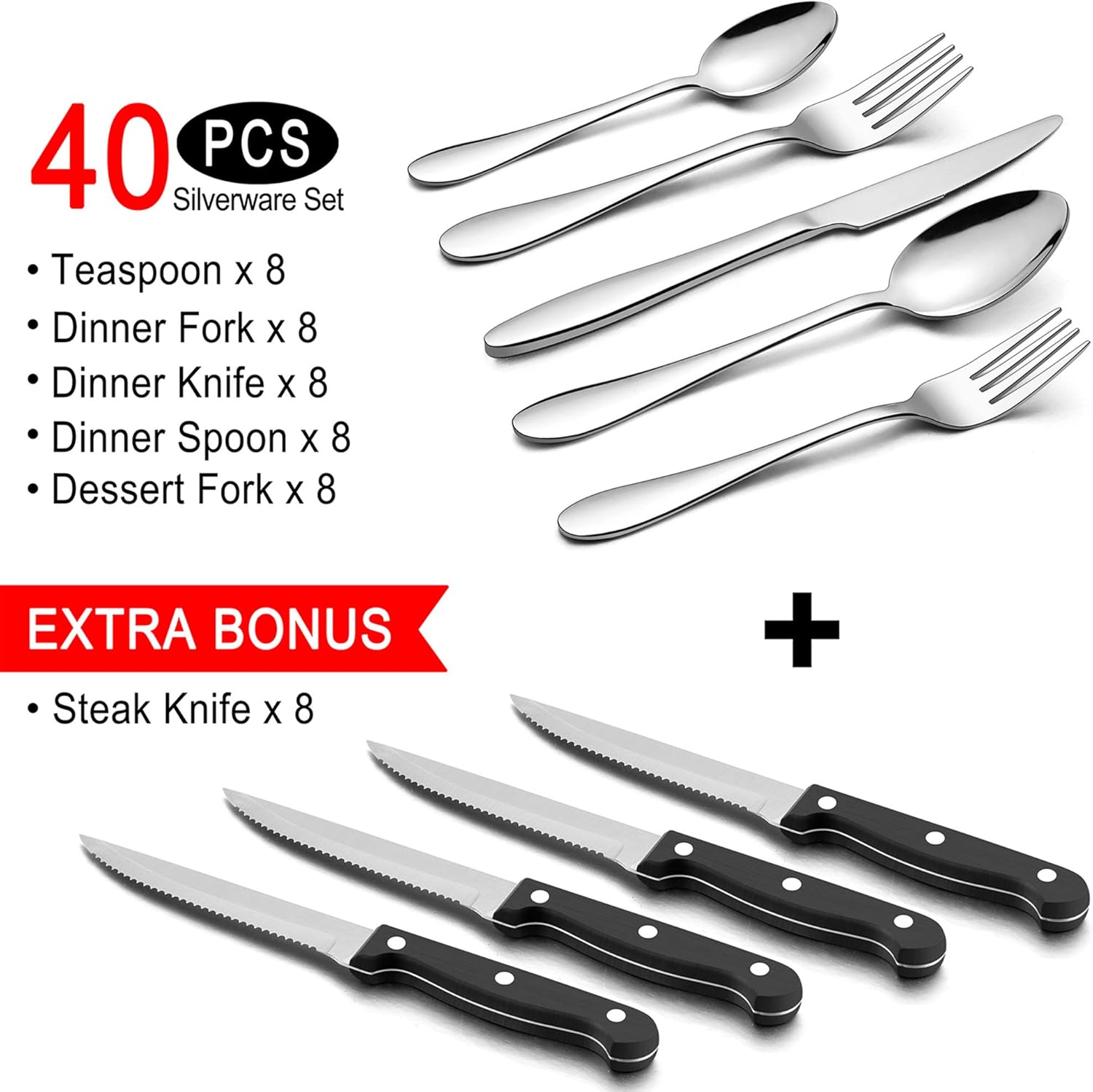  | LIANYU 48-Piece Silverware Set with Steak Knives, Stainless Steel Flatware Cutlery Set for 8, Eating Utensils Tableware Include Forks Knives Spoons, Dishwasher Safe: Flatware Sets