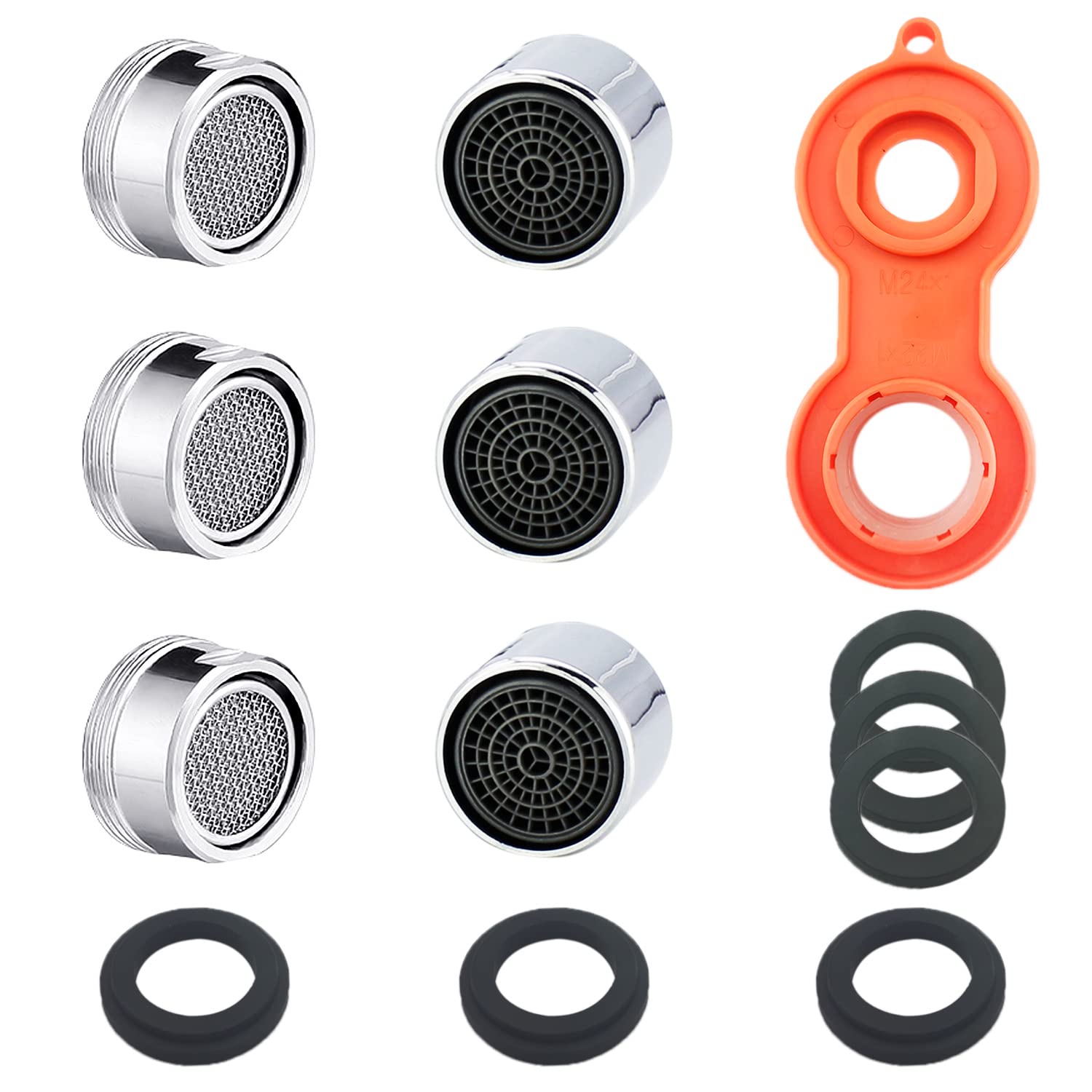 6 Pcs Faucet Aerators Water Tap Aerators Water Saving Faucet Replacement Brass Aerator with Gasket Polished, 3 M24 Copper Filters with Outer Wires, 3 M22 Copper Filters with Inner Wires with 1 Wrench