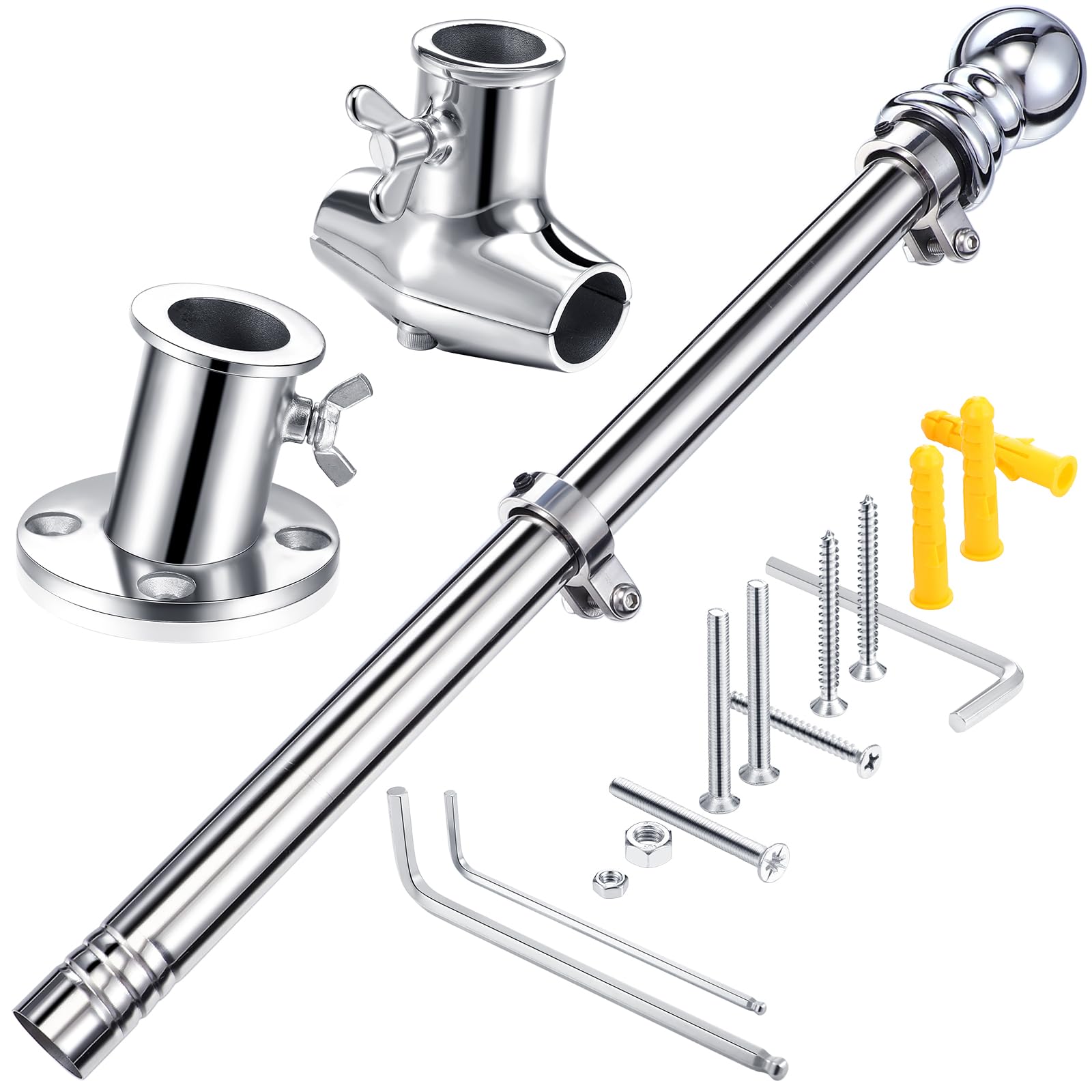 Photo 1 of Blulu 24 Inch Boat Flag Pole Holder Set 316 Stainless Steel Marine Flag Pole Socket Rail Mount Hardware for 1 Inch Railing and Post, Boat, Pontoon, Yacht, Yard, Truck