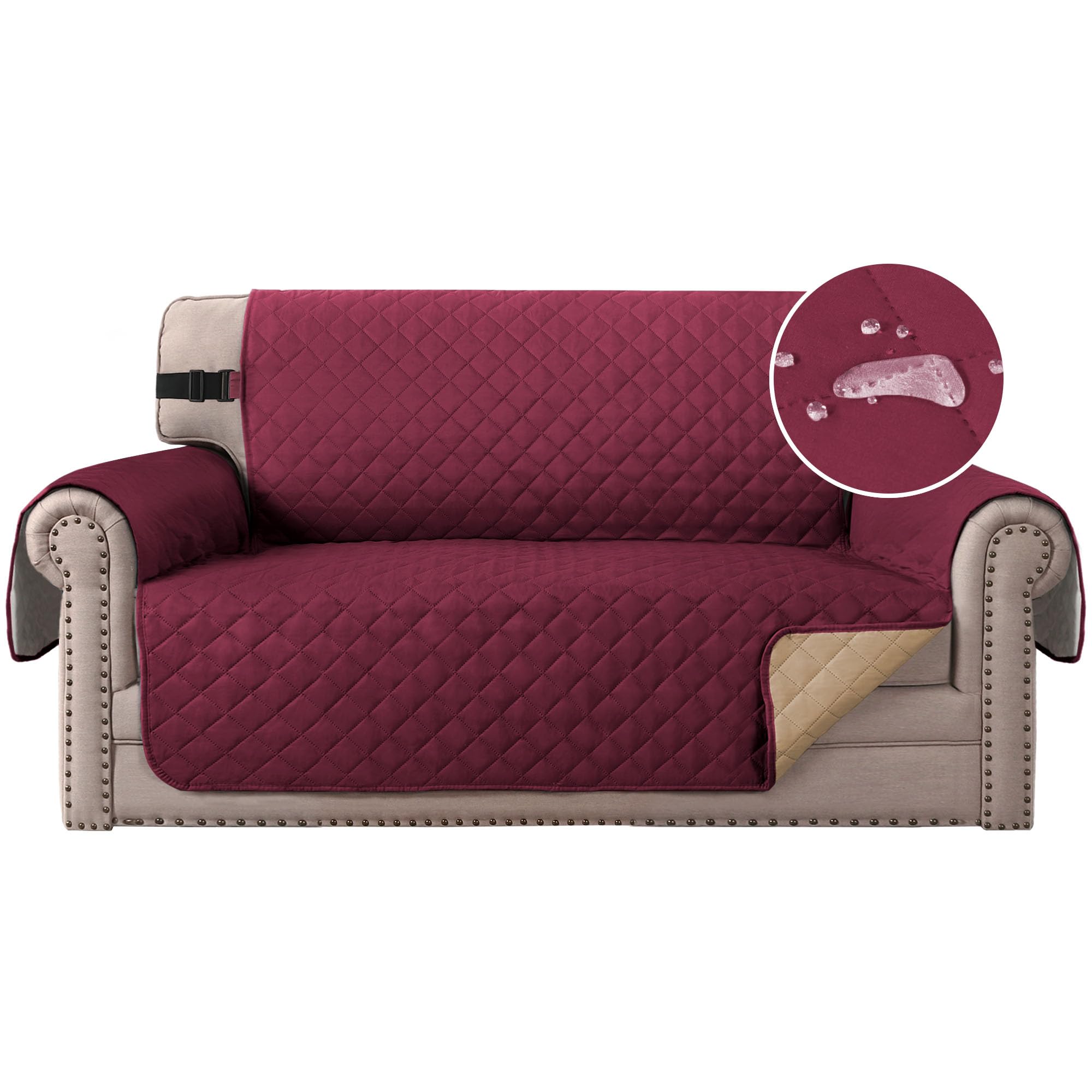 H.Versailtex Sofa Cover 2 Seater, Water Resistant Sofa Protectors From Pets, Washable Sofa couch covers with Elastic Strap, Quilted Sofa Slipcover for Kids/Dogs (Burgundy/Tan)