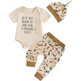 BHMAWSRT Baby Boy Clothes Letter Short Sleeve Romper Top&Pants Hat Newborn Going Home Fishing Pattern Outfits