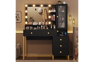 Tiptiper Large Makeup Vanity with Lights and Charging Station, Vanity Desk with Mirror and Lights, Vanity Table with Nightstand, Makeup Table with 5 Drawers & Storage Shelves, Black and Gold
