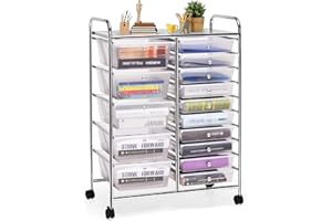 MEDIMALL 15 Drawers Rolling Storage Cart, Multipurpose Storage Organizer Cart with Wheels and Durable Metal Frame, Mobile Tools Scrapbook Paper Organizer for School Home Office Use (Clear)