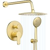 Gabrylly Gold Shower Head System, Shower Faucet Set with Pressure Balance Shower Valve, 10 Inch Shower Heads with 5-Setting handheld Spray Combo, High Pressure Shower Fixtures, Brushed Gold