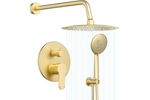 Gabrylly Gold Shower Head System, Shower Faucet Set with Pressure Balance Shower Valve, 10 Inch Shower Heads with 5-Setting handheld Spray Combo, High Pressure Shower Fixtures, Brushed Gold