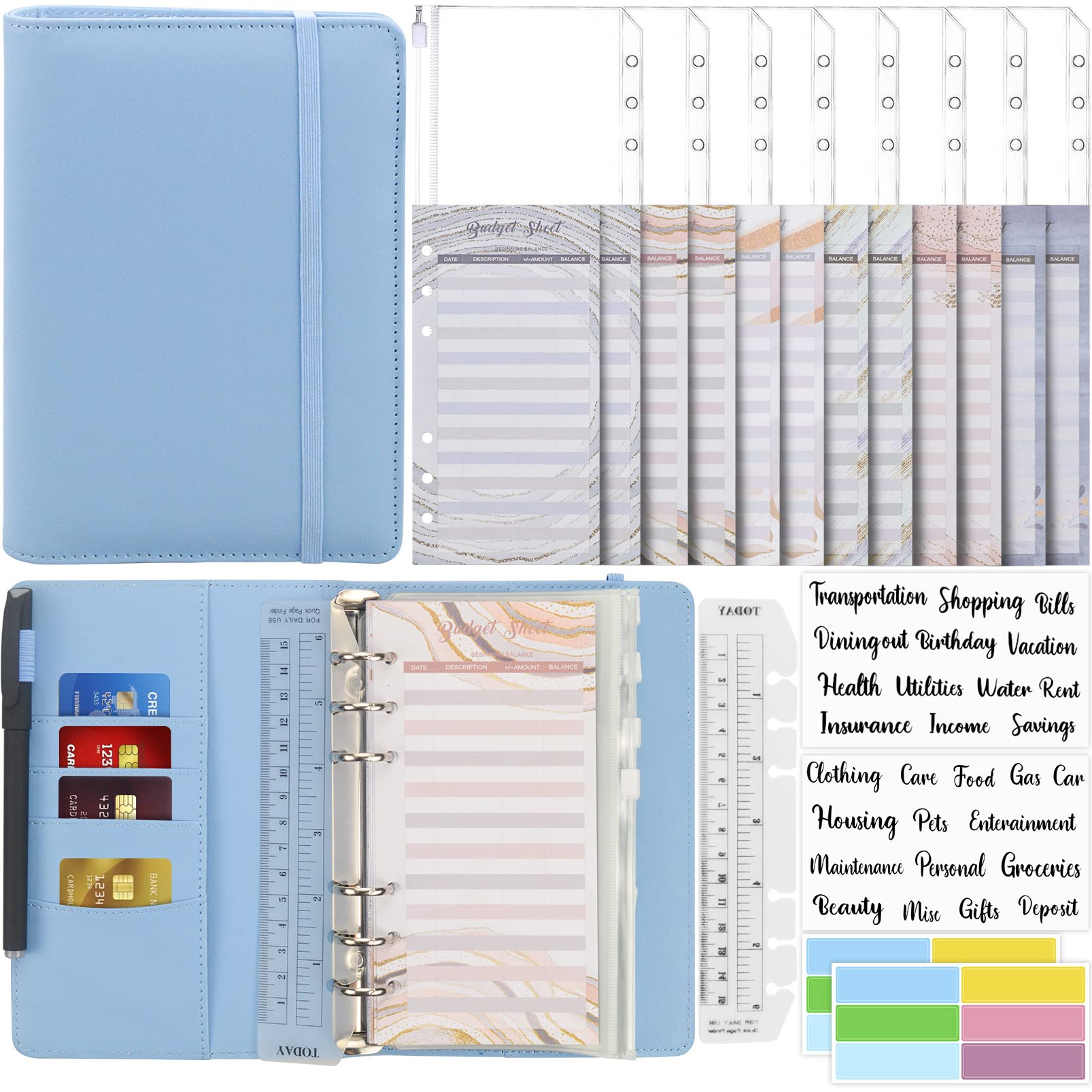 Mlife Budget Binder with Zipper Envelopes, A6 Money Organizer: Cash Bills Coupon Card Budget Planner, Cash Envelopes for Saving (Blue)