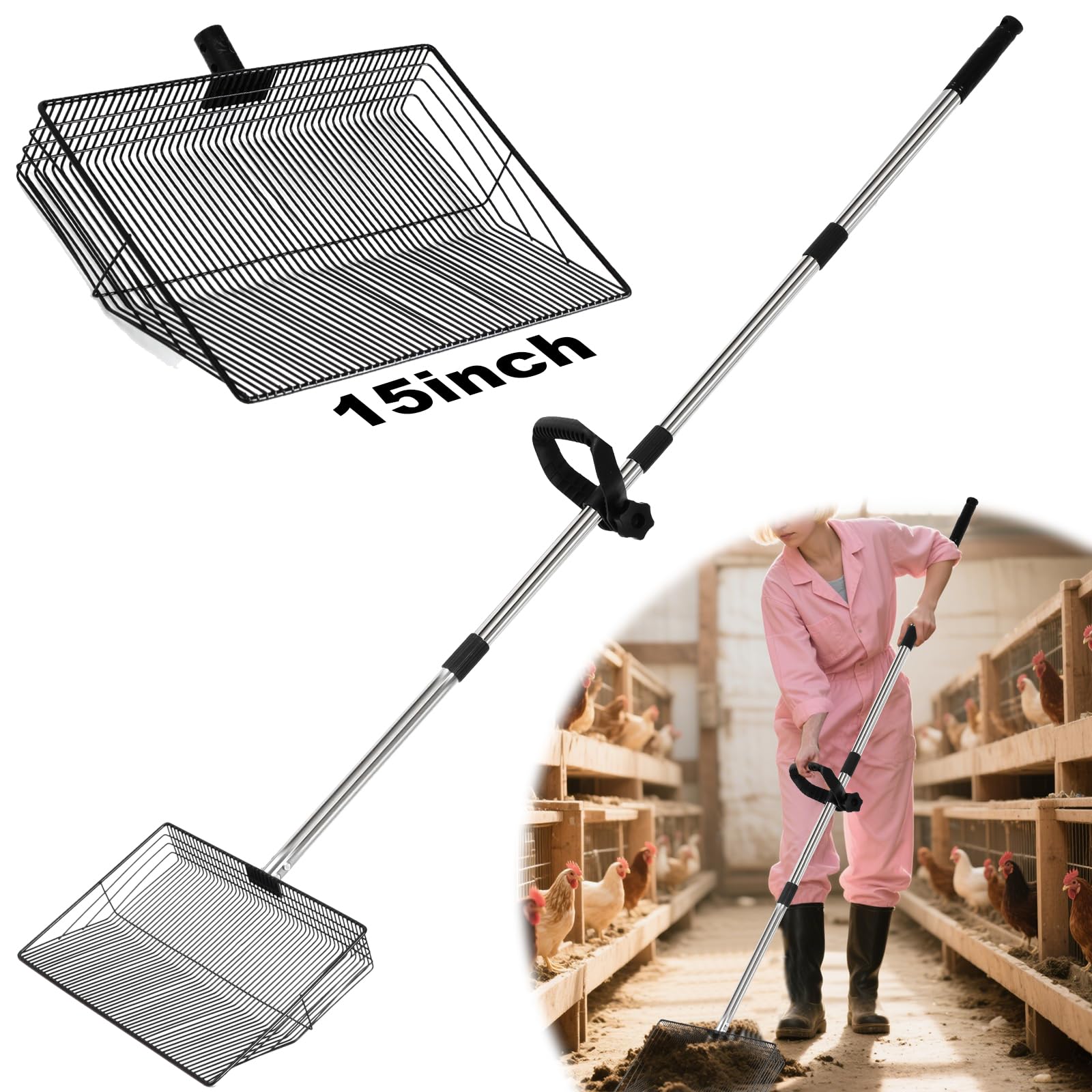 Photo 1 of 15inch Large Chicken Coop Scooper,Telescoping Chicken Manure Scraper With 38 to 64" Stainless Steel Handle, Adjustable Chicken Shovel For Poultry Rake,Chicken Coop Rake, Chicken Poop Scooper For Sand