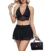 Avidlove Women‘s Mini Skirt Set Sexy Y2K Mesh Halter V Neck Crop Tops Mirco Ruffle Skirts 2 Piece Rave Festival Outfits S-XXL
