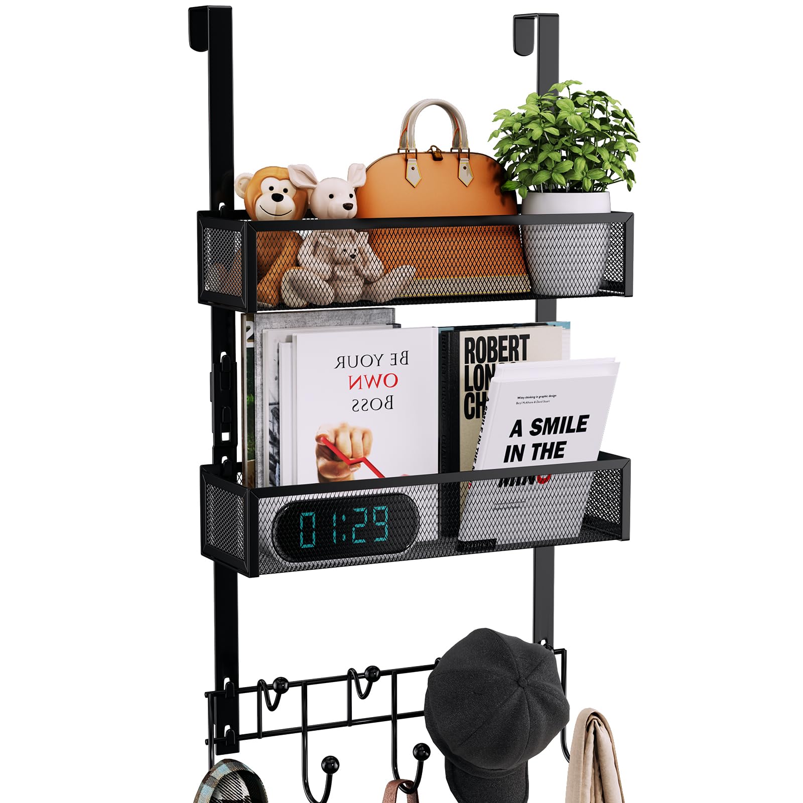 Photo 1 of Consumest Over The Door Hooks Organizer - Extra Long Door Hanger with 9 Coat Hooks & 2 Mesh Basket, Back Storage Organizer Hanging Towels for Bathroom, Bedroom, Black (for 1.76 in Doors)