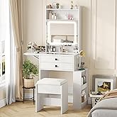 Vabches Small Makeup Vanity Desk with Fold-up Panel, White Vanity Set | Glass Top Dressing Table with 3 Adjustable Lighted Mirror and Charging Station, 2 Drawers and Hidden Storage Shelves