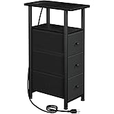 LOAKEKEL Narrow End Table Living Room with Charging Station, Skinny Side Table with Fabric Drawers, Slim Nightstand for Bedro