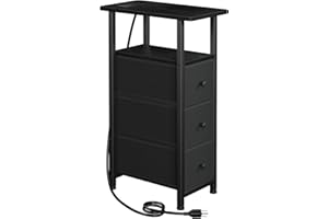 LOAKEKEL Narrow End Table Living Room with Charging Station, Skinny Side Table with Fabric Drawers, Slim Nightstand for Bedro