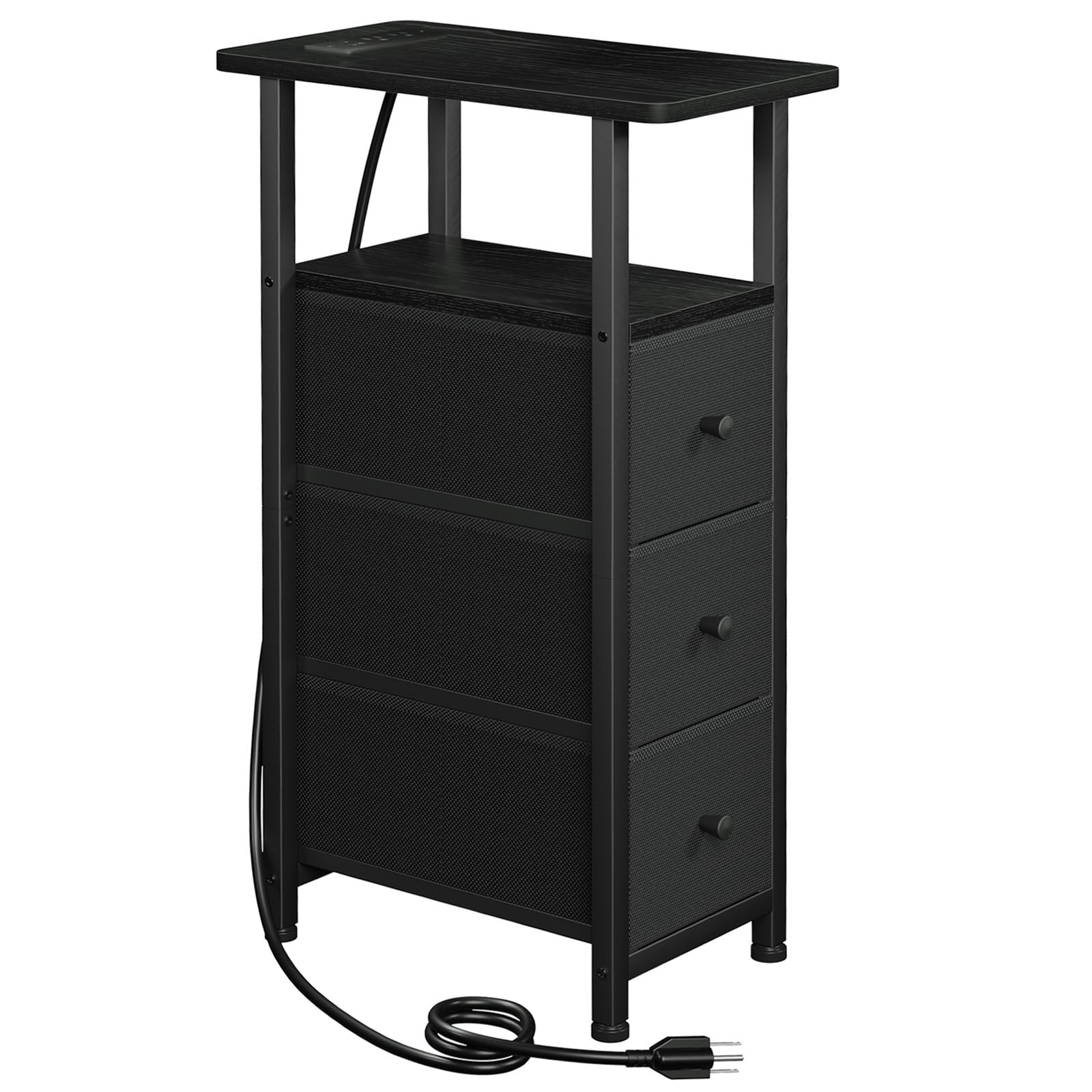 Photo 1 of **USED, INCOMPLETE* LOAKEKEL Narrow End Table Living Room with Charging Station, Skinny Side Table with Fabric Drawers, Slim Nightstand for Bedroom, Small Spaces, Couch, Black, HETNDP03BK-1