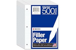 KAISA Notebook Paper 500 Sheets 8x10.5 College Ruled Loose Leaf Paper Lined Paper College Ruled Paper Filler Paper for 3-Ring Binder Paper 3-Hole Punched Notebook Paper(500sheets College Ruled Paper)