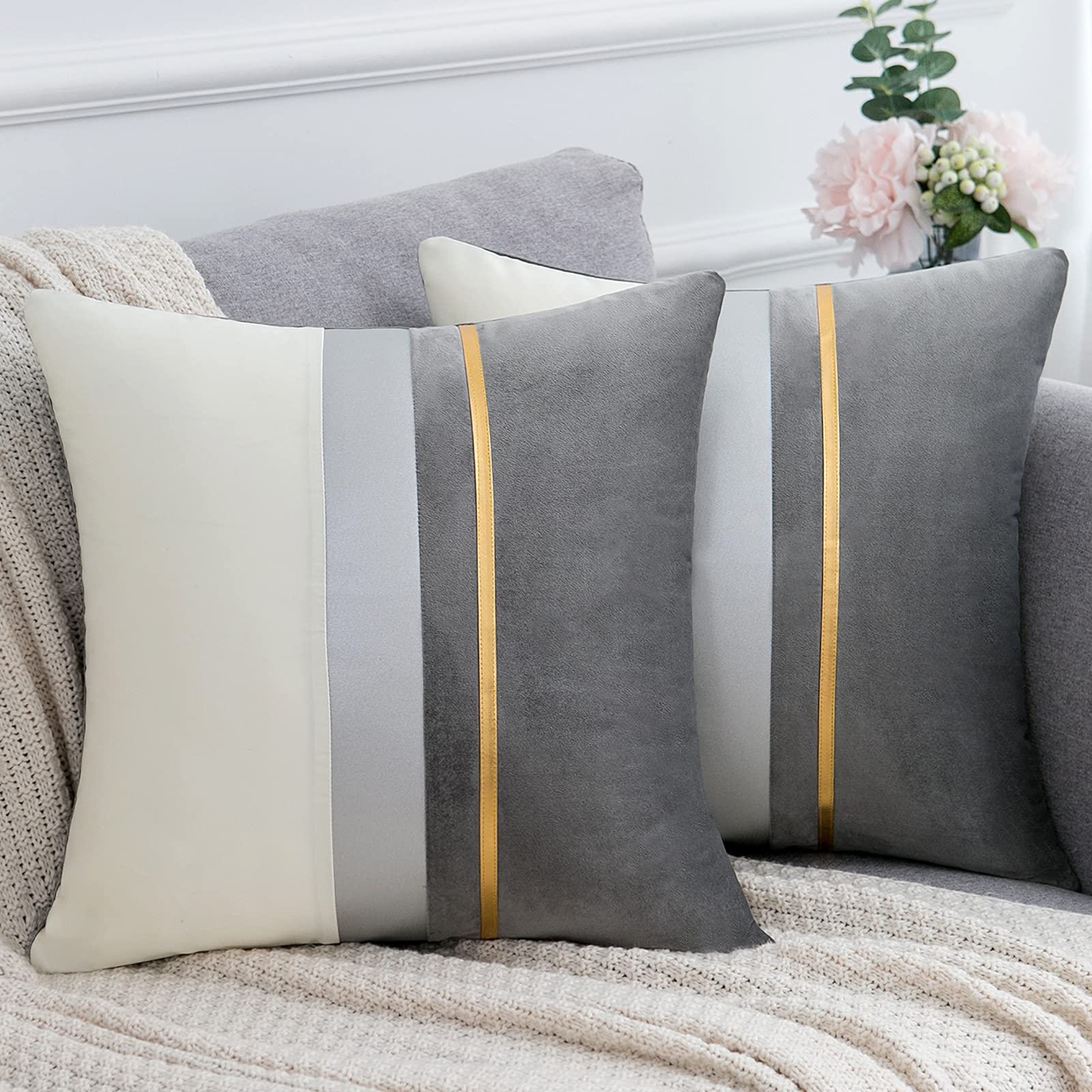 Serento Set of 2 Square Pillowcases for Living Room Bedroom Modern Sofa Cushion Covers for Chair Bedroom Living Room 45 × 45 cm, Grey