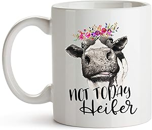 YouNique Designs Not Today Heifer Cow Mug, 11 Ounces, Cow Coffee Cup for Women, Farmer Mug for Cow Lovers