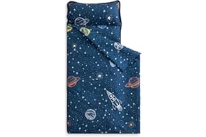 Wake In Cloud - Toddler Nap Mat with Pillow and Blanket, for Kids Boys in Kindergarten Daycare Preschool Pre K, Roll Up Sleeping Bag, Spaces Stars Planet Galaxy, Navy White Orange, Standard