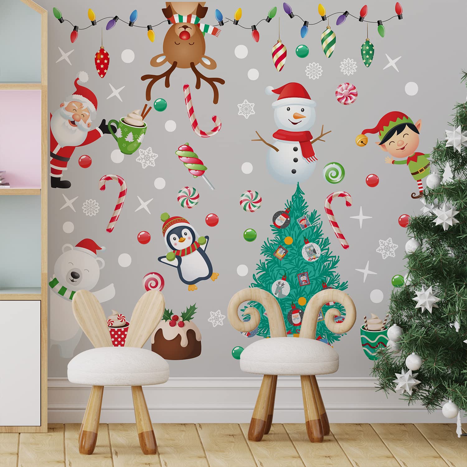 WALPLUS 90x120cm Christmas Combo Decorations Wall Stickers Winterland Friends Around The Tree Wall Art Window Display Clings Display Decals Living Room Living Room Bedroom DIY Gift