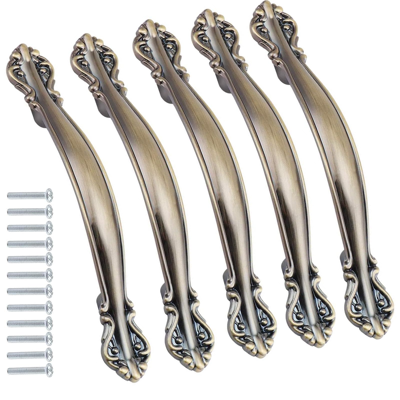 KanDery 6PCS Vintage Cabinet Handles, Furniture Door Pull Handles, Antique Bow Pulls, 128mm Hole Center, Green Bronze