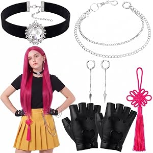 Sureio Kpop Costume Accessories Set for Women, Black Velvet Choker, Punk Cone Circle Hoop Earrings, Rose Pink Korean Tassel,
