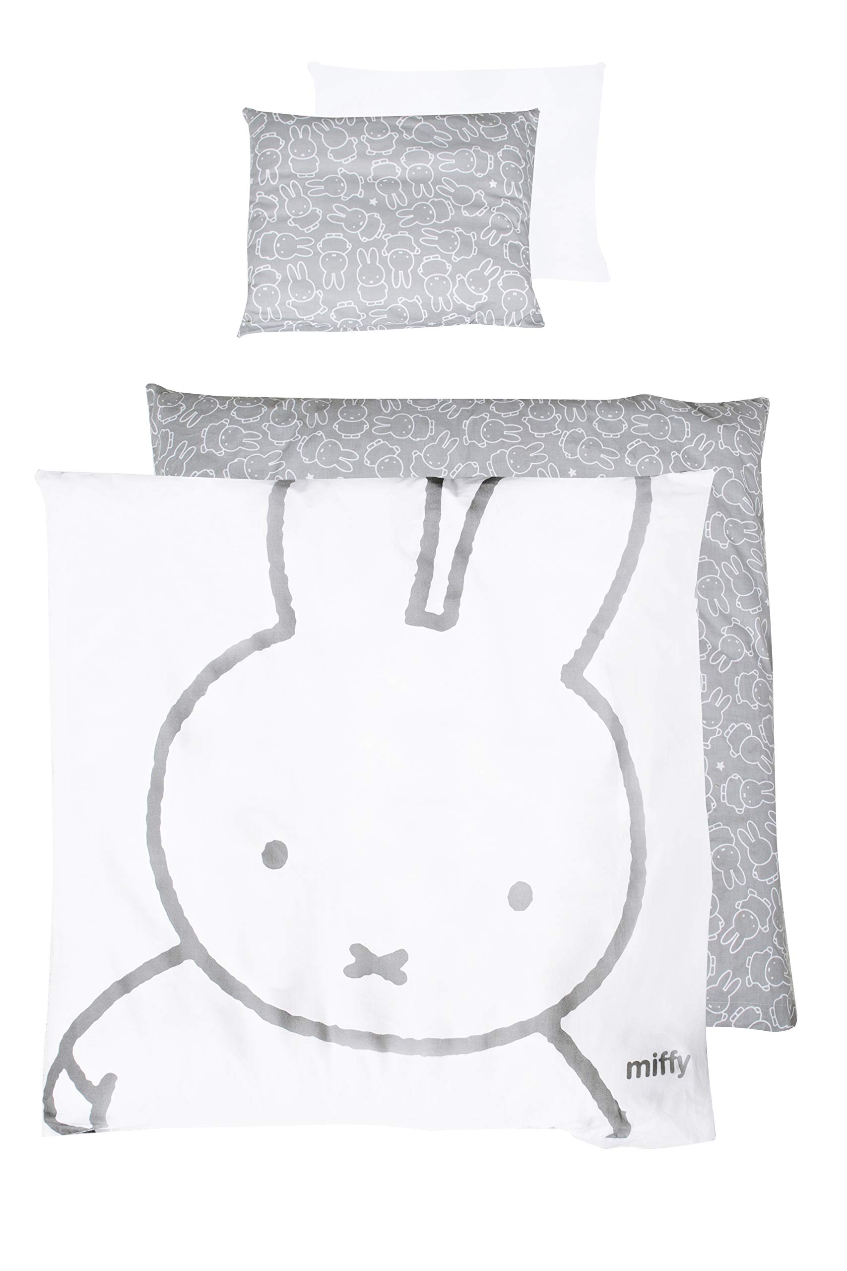 roba miffy Baby Bed Linen 80 x 80 cm - 2-Piece Bedding Set - Rabbit Motif - Baby Reversible Cotton Bed Linen - Duvet Cover 80 x 80 cm and Pillowcase 40 x 35 cm - White/Grey