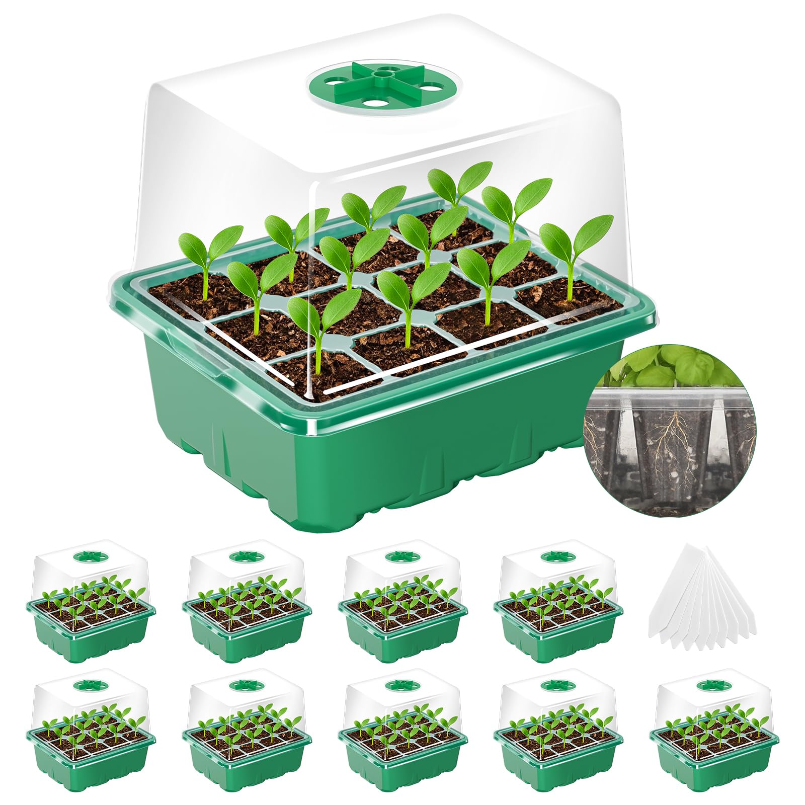 MIXC Seed Starter Tray with Elevated Lid, 120 Cells Seed Starter Kit with Adjustable Humidity Dome, Drainage Hole, Clear Heightened Lids for Indoor Outdoor Greenhouse Gardens, 10 Pack, Green Image