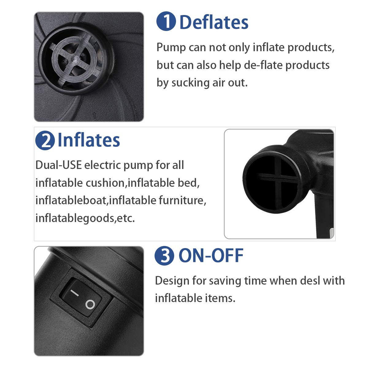 MUEAST Elektrische Luftpumpe USB Luftmatratze Pumpe, 2 in 1 Elektropumpe Power Pump Inflator Deflator mit 3 Luftdüse für aufblasbare Matratze,Kissen,Bett,Boot,Schwimmring (Schwarz)