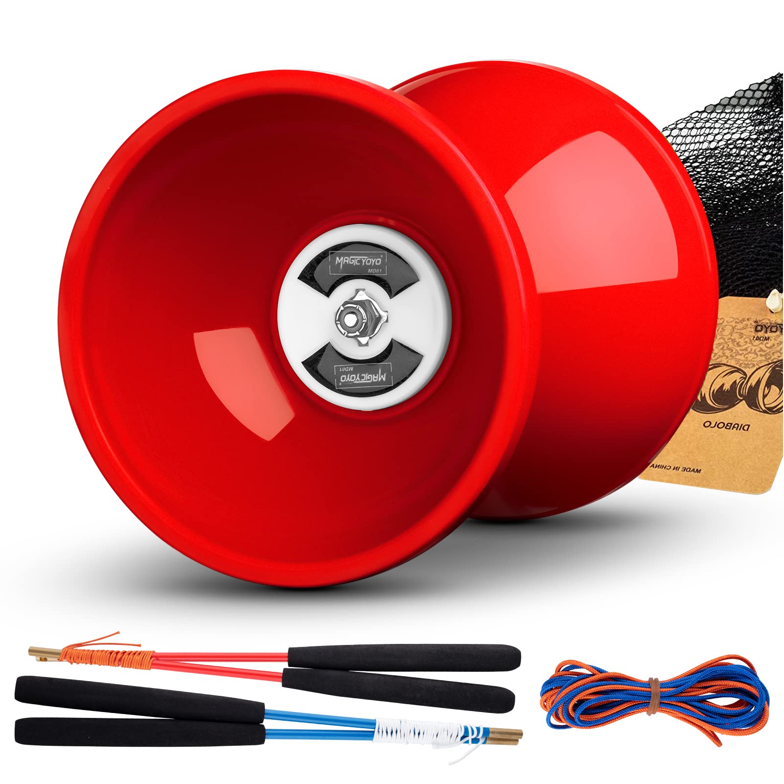 MAGICYOYO Diabolo Pro Triple Bearing, High Performance Red Chinese Yoyo Ball Toy Medium Size 5' with Extra 2 Pair Carbon Sticks + 1 Net Bag + 2 Diabolo Strings, Ideal Gift for Kids & Adults