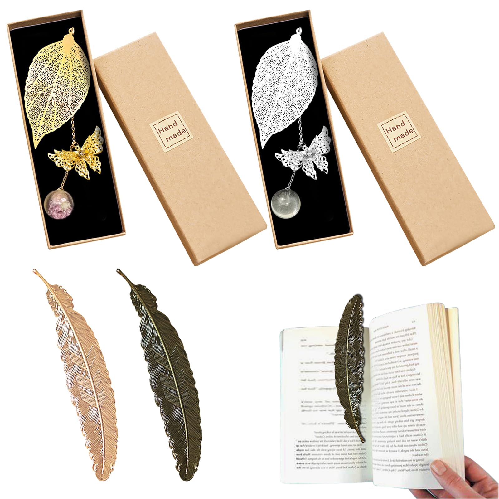 JSTHHTT 4pcs Bookmark, Feather Bookmark, Bookmarks with Gift Box, Vintage Book Mark with Dried Flower Bead Pendant, for Book Lovers, Teacher Gifts, Mother's Day Gifts