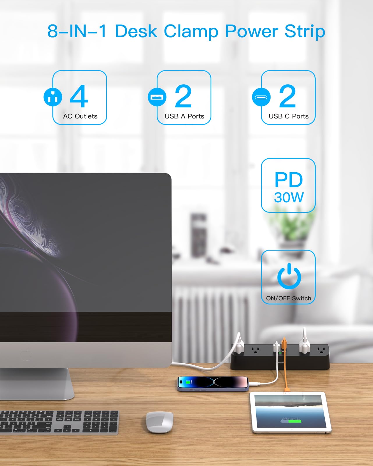 Desk Clamp Power Strip with PD30W USB-C, HANYCONY 5Ft Extension Cord, Desk Edge Mount Charging Station, Surge Protector with 4 Outlets 4 USB Ports(2 USB C), Home Office Gaming Accessories Essentials