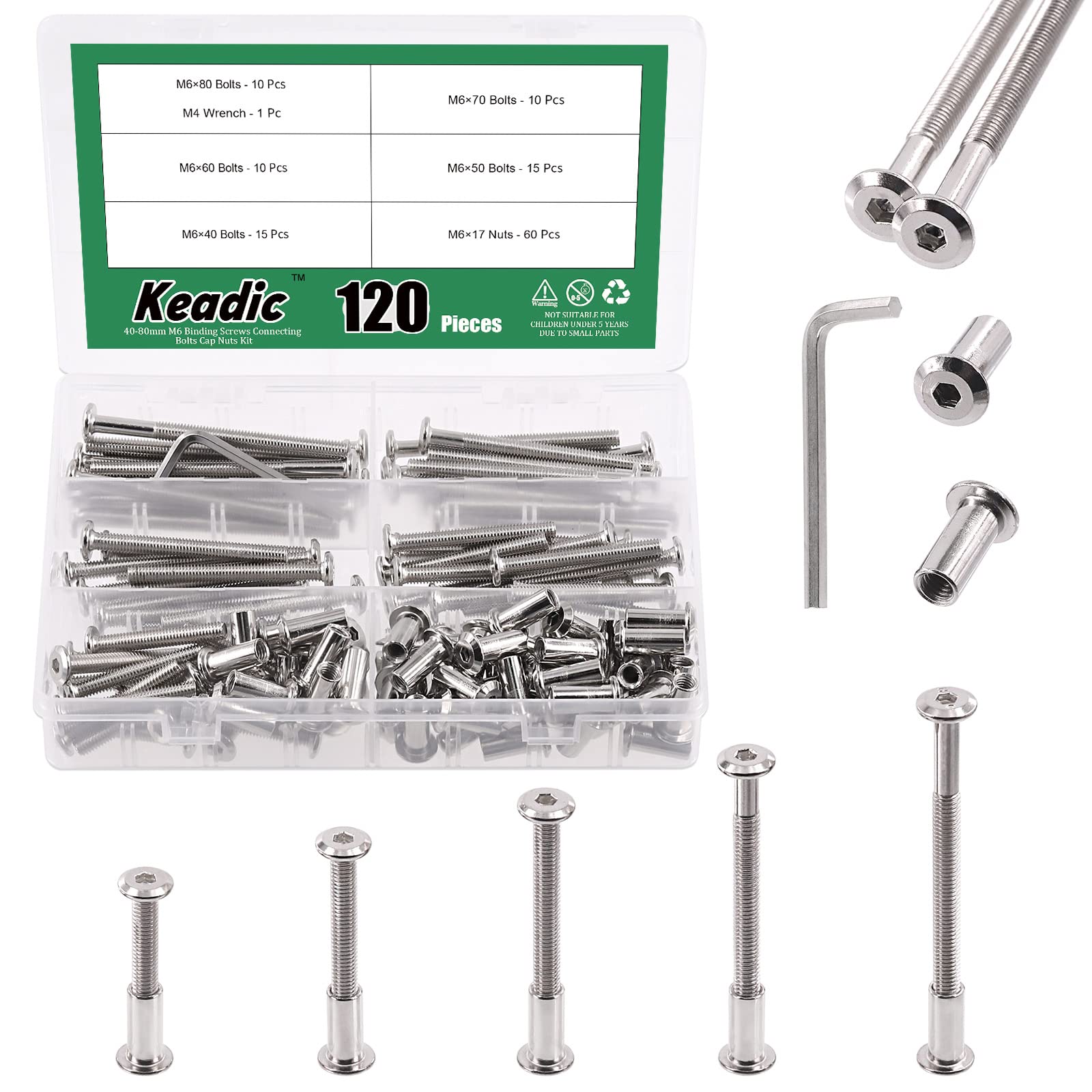 Keadic 121 Pcs M6 x 40/50/60/70/80mm Socket Cap Bolts Barrel Nuts Kit with Hex Key, 5 Sizes Silver Binding Screws Stud Posts Assortment Kit Countersunk Furniture Crib Bolts for Bed Chair Table Cabinet