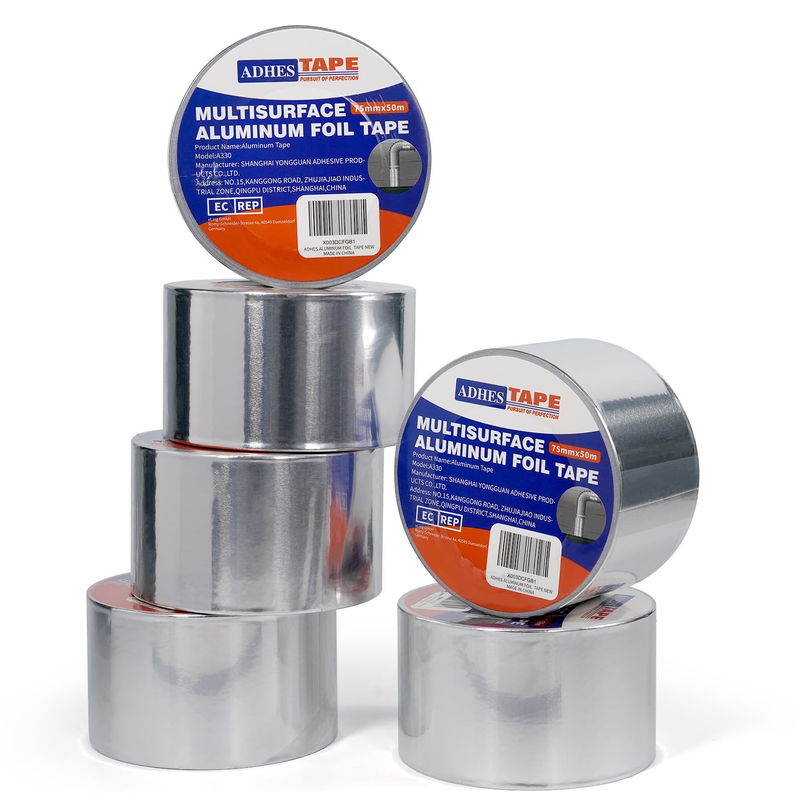 ADHES Premium Aluminum Foil Tape, 3 Inch x 164 Feet (55 Yards), 6Rolls Heat Proof Tape Withstand From 80°C to 100°C, Metal Duct Tape for HVAC, Sealing & Patching, Dryer Vents Pipe