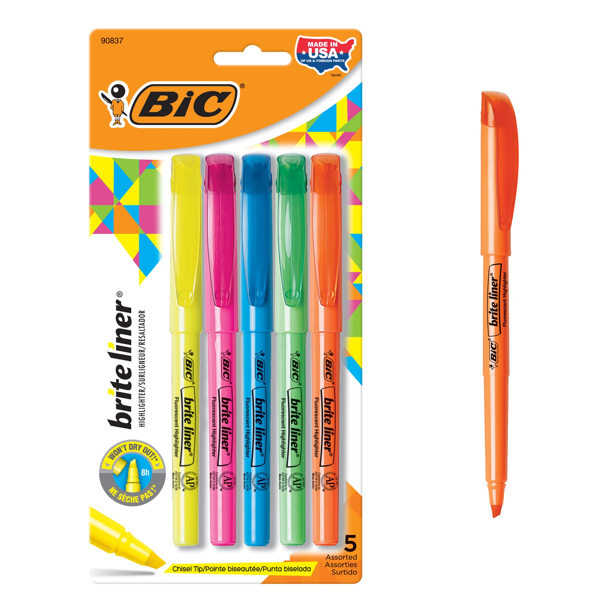Photo 1 of BIC Brite Liner Chisel Tip Highlighters, Long-Lasting, 5-Count in Assorted Colors for School Supplies