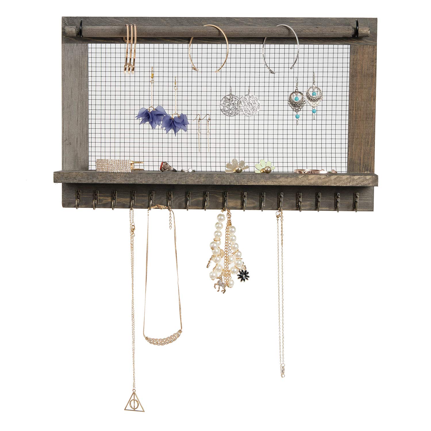 Photo 1 of canwedance Rustic Wood Jewelry Organizer Wooden Wall Mounted Jewelry Holder with Shelf?16 Hooks and 1 pole,Display for Earrings, Necklaces, Bracelets, and Many Other Accessories (Rock Gray)