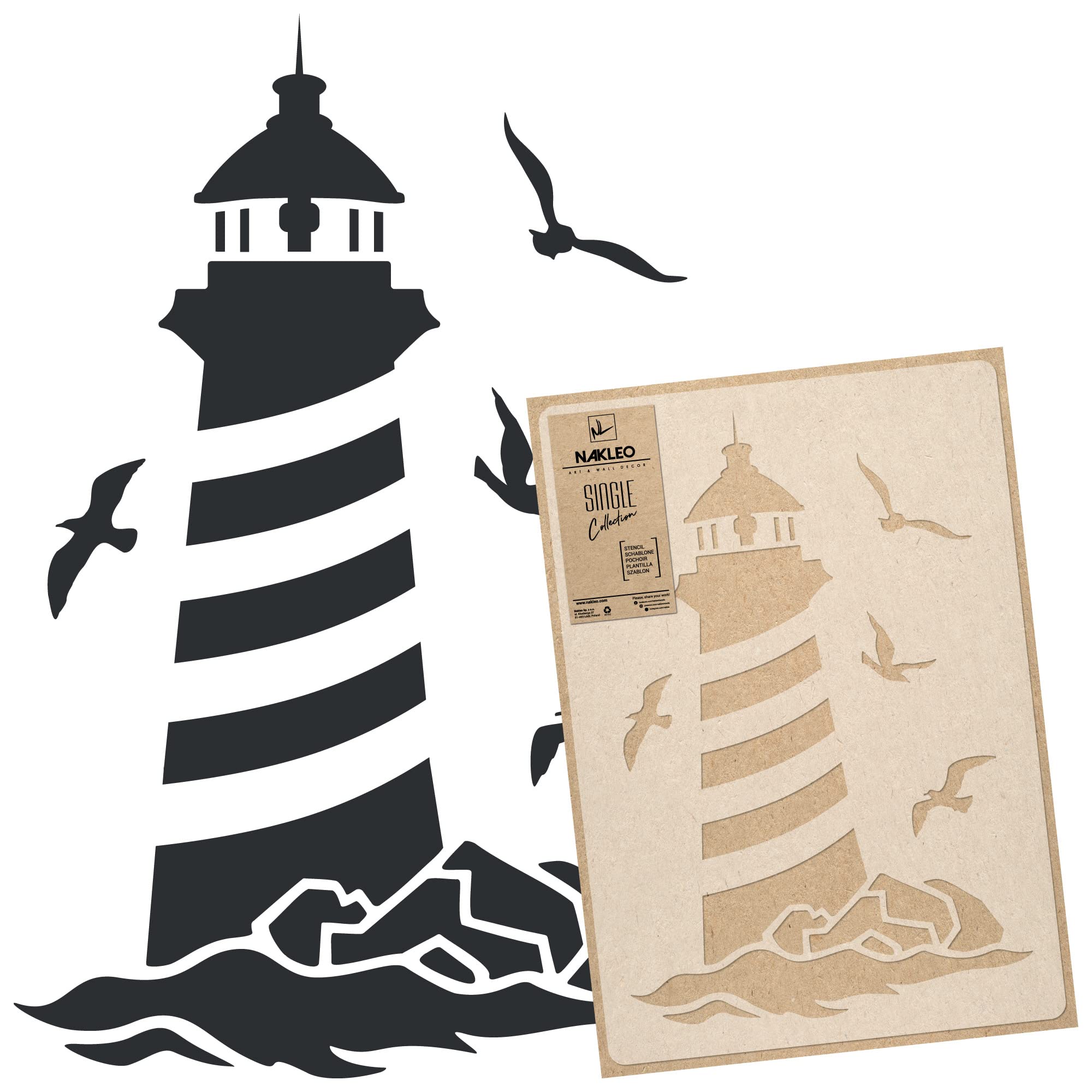 NAKLEO Large Wall Painting Stencil 43x64 cm, Lighthouse Marine Sea Pattern, Reusable Plastic Template, DIY Art and Craft Home Decor, Floor Wood Fabric Furniture