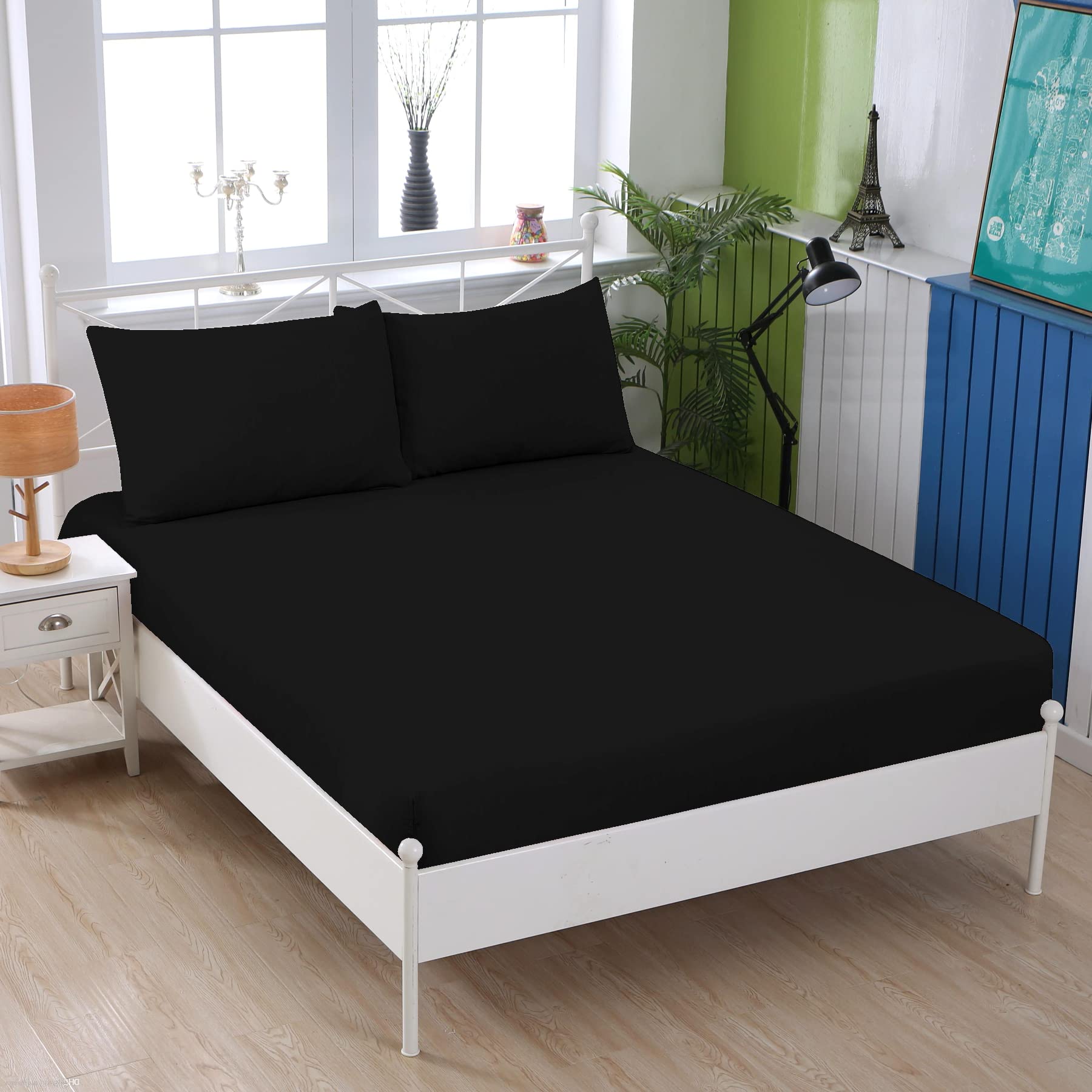 100% Brushed Cotton Soft Thermal Flannelette 30 cm Extra Deep Fitted Sheets Or Pillowcases | Luxury Warm Fitted Sheet by JRI® (King, Black)