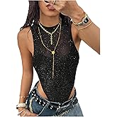 SweatyRocks Women's Glitter Mesh High Cut Sleeveless Thong Bodysuit Sexy Club Party Tops