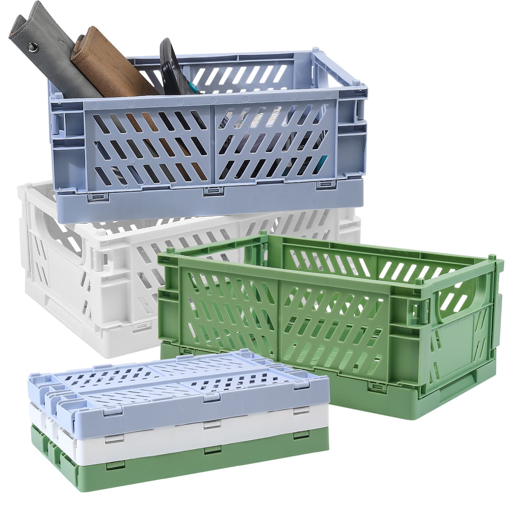 Heozhuyi 3 Pcs Plastic Folding Storage Crates, Collapsible Mini Storage Baskets, Stackable Storage Bins with Handles, Desktop Storage Stacking Basket Boxes for Office Kitchen Bathroom, 9.8*6.5*3.9 in