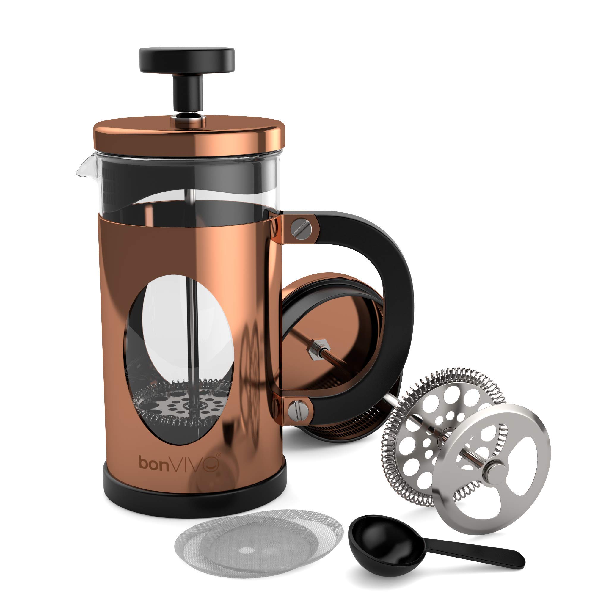 bonVIVO French Press Cafetiere 3 Cup 350ml Stainless Steel Coffee Press with Heat-Resistant Glass, Scoop & Replacement Filter, Manual Coffee Maker for Ground Coffee, Copper Finish